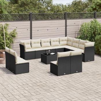 13-Piece Black Poly Rattan Garden Sofa Set with Cushions