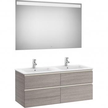 Conjunto de baño doble Roca The Gap con mueble suspendido en Roble City texturizado, 4 cajones, 2 lavabos y espejo con luz LED