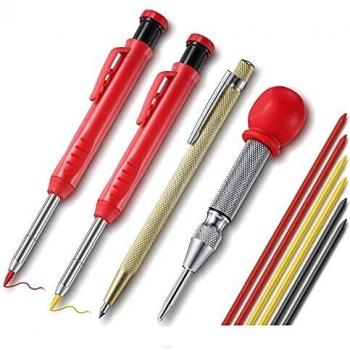 2 Piezas Set de Lápices de Carpintero para Construcción con 6 Recargas de Marcadores, Herramienta Trazador de Carburo y Herramienta de Perforación Central Automática Herramienta Marcador