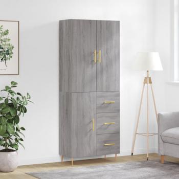 Aparador alto de madera contrachapada gris sonoma 69,5x34x180 cm con 1 puerta y 3 cajones, mueble de almacenaje para salón, buffet y armario auxiliar