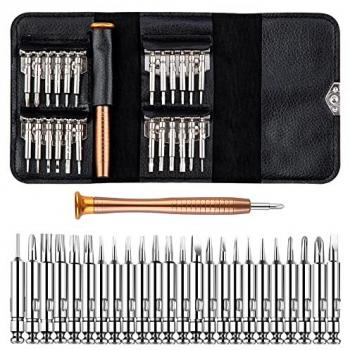Juego de Destornilladores de Precisión 25 en 1 con Maletín de Cuero y Puntas Magnéticas para PC, iPhone, Reloj, PS4 y Gafas