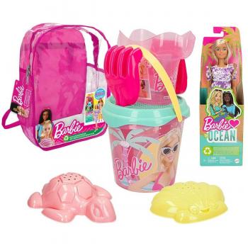 Barbie Set cubo de playa c/accesorios, muñeca Barbie y mochila transporte