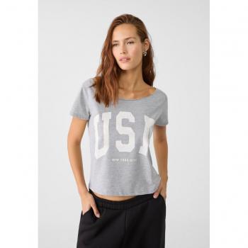 Stradivarius Grey Melange Boat Neck Graphic T-Shirt M