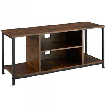 Mueble bajo para televisor estilo industrial con cuatro estantes fijos y uno ajustable en altura, tableros de aglomerado efecto madera con recubrimiento protector de melamina, dimensiones 110 cm