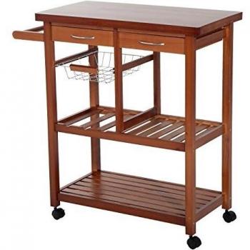 HOMCOM Carrito de Cocina Mesa Servicio Auxiliar Madera y Metal Cromado con 4 Ruedas 2 Cajones y Botellero 81 x 38 x 85 cm