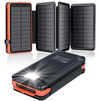 Cargador Solar 26800mAh, Elzle Power Bank Solar con 2 Salidas USB y 1 Entrada Micro USB, Impermeable Batería Externa con 4 Paneles Solar Linterna LED para iPhone Android Tabletas Cámara Viajes Camping