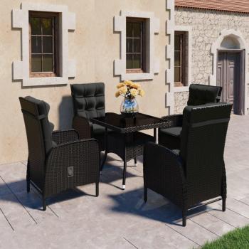 5-Piece Black Poly Rattan Garden Dining Set with Glass Top