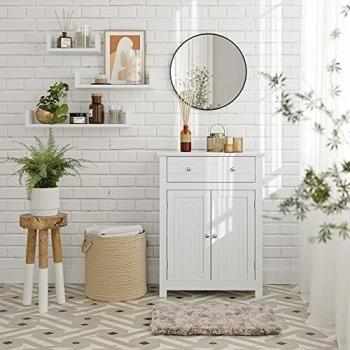 Armario de baño rústico con cajón y balda ajustable, mueble de madera en blanco, dimensiones 60x30x80 cm