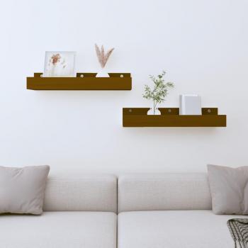 Estantes de pared 2 piezas madera maciza de pino color ámbar 50x12x9 cm