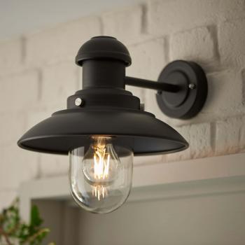Aplique de pared Hereford moderna para exterior, aluminio y acero inoxidable, pantalla de cristal negro mate y cristal transparente, 1 bombilla, dimensiones 31,6 cm, clasificación IP44