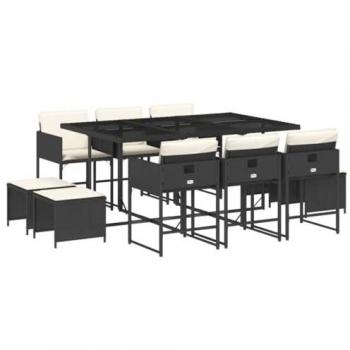 Set de Comedor de Jardín 11 Pzas con Cojines de Ratán Sintético Negro