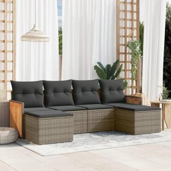 6-Piece Grey Poly Rattan Garden Sofa Set with Cushions
