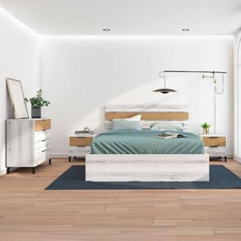 Conjunto de Muebles de Dormitorio Nórdico Blanco y Roble (Cama Matrimonio, Cabecero, 2 Mesitas, Cómoda)