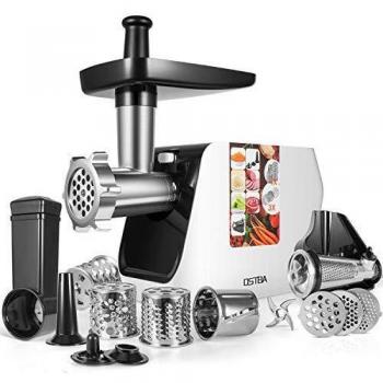 Picadora de Carne Eléctrica OSTBA, 2000W Max, 5-IN-1 Salchicha y Máquina Picadora Carne con 3 Placas de Molienda, Embutidora de Salchichas, Función inversa, Motor de cobre, Acero Inoxidable,Blanco