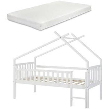 Cama alta cabaña para niños Sotkamo de pino con colchón 90x200 cm - Blanco