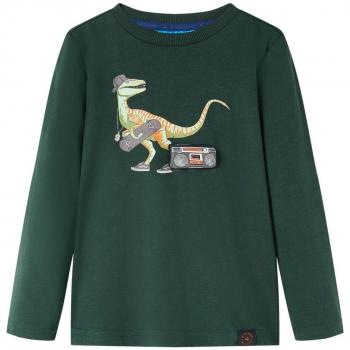 Camiseta Infantil de Manga Larga Estampado de Dinosaurio en Verde Oscuro 104