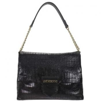 Love Moschino Super Soft Croco JC4284PP0 Women's Shoulder Bag in Black, Oversized Slouchy Moc Croc Black Shoulder Bag, Size: One, Female, Black Plain Shoulder Bag with Clip, Super Soft Shoulder Bag 32