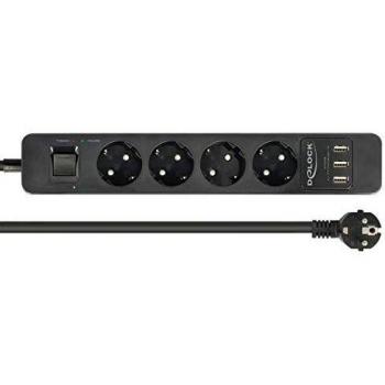 Regleta de enchufes 4 salidas con protección contra sobretensiones y 3 puertos USB, negra, 1.5 m