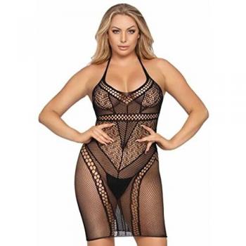 Leg Avenue Multi Net Halter Negligee, Black, One Size para Mujer