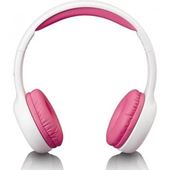Lenco HP-010 Auriculares para Niños con Limitación de Volumen a 85 dB, Almohadillas Blandas, Cable de 120 cm y Pegatinas, Color Blanco/Rosa