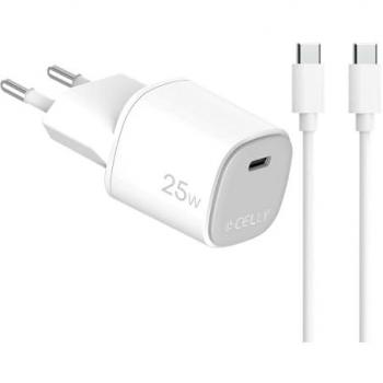 Cargador de Pared USB-C 25W Celly con Cable USB para Smartphone y Tablet, Blanco