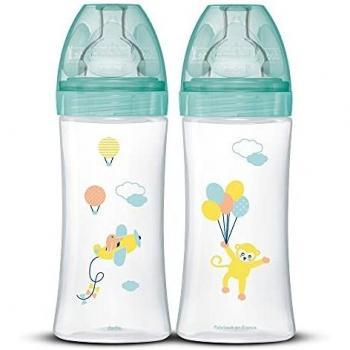 Dodie Sensation+ - Biberón, anticólicos, 330 ml, lote de 2 unidades, con tetina plana y flujo 3, sin bisfenol A, a partir de 6 meses de edad, de aire, verde