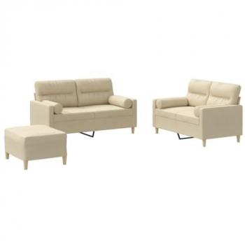 Juego de Sofás con Cojines 3 Piezas Tela Crema - Incluye 2 sillones y un sofá, tapizado en tela crema, con reposabrazos y cojines incluidos, ideal para salón o espacio de relax
