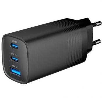 Cargador rápido USB PowerDelivery de 3 puertos (2 tipo C y 1 tipo A) de 65 W, tecnología GaN, color negro