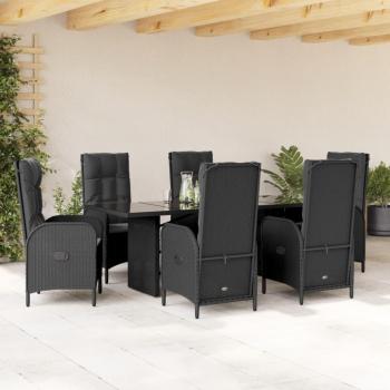 7-Piece Black Poly Rattan Garden Dining Set with Cushions