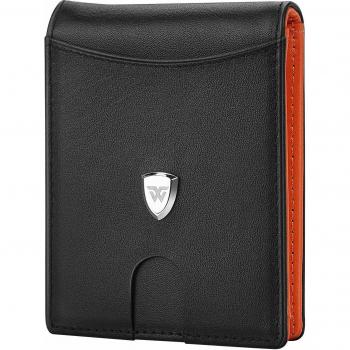 wilbest® Carteras Hombre con Monedero, Cartera RFID, Billetera de Hombre de Piel - Bloque 13.56 MHz, Externo Correa de Tracción Inteligente, Clip de Dinero Antideslizante, Negro Naranja
