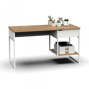Escritorio de Estudio u Oficina Shira Color Blanco y Roble Gold 138x58x76 cm, Material: Melamina y Metal, Dimensiones: 138x58x76 cm, Diseño moderno con pata metálica, incluye
