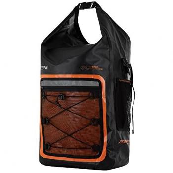 Mochila Zone3 Open Water Dry 30L negra y naranja, capacidad de 30 litros, transpirable, impermeable y a prueba de salpicaduras