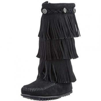 Minnetonka 3-Layer Fringe, Botas Mocasin Niñas, Negro