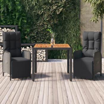3 Piece Black Poly Rattan Garden Dining Set with Cushions