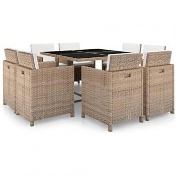 9-Piece Beige Poly Rattan Outdoor Dining Set with Cushions