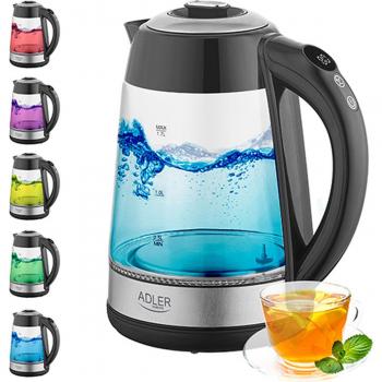 Hervidor eléctrico Adler AD 1285 - Tetera de vidrio con capacidad de 1,7 L y potencia de 2200 W en color negro y acero