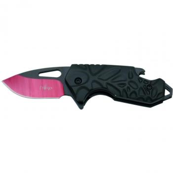Navaja asistida Third K2459, mango de aluminio negro, hoja de acero 420 negra con corte anodizado en rojo de 5.7 cm con clip