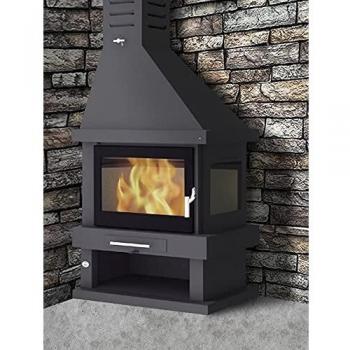 FM Chimenea metálica de leña rincón 2 Caras con leñero con Cristal Serigrafiado