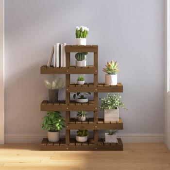 Soporte para Plantas de Madera Maciza de Pino Marrón Miel, Dimensiones 85x25x109,5 cm, Estante para Flores en Color Natural y Gris