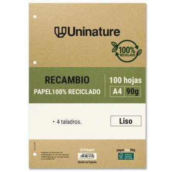 Recambio reciclado A4 100 hojas 90gr liso con taladros Uninature 53392800