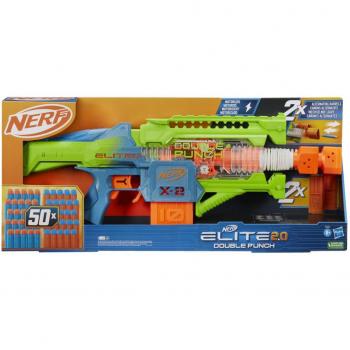 Nerf Elite 2.0 Double Punch Motorized Blaster with 50 Nerf Elite Darts, 2x 10-Dart Clips, for Kids Ages 8 and Up