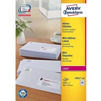 Etiquetas Laser Blancas Avery L7651 - 38,1 x 21,2 mm - Caja de 6500 Unidades