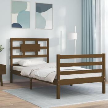 Estructura de cama con cabecero de madera maciza en color marrón miel, dimensiones 90x200 cm