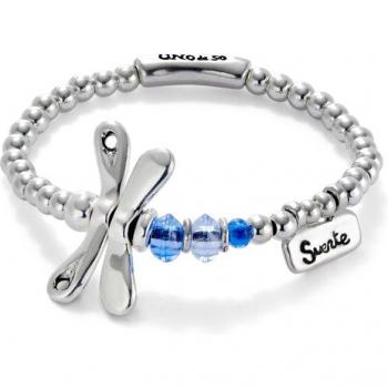 Pulsera elástica de señora Ser Rebelde de UNO DE 50, bañada en plata de ley, con libélula y cristales azules