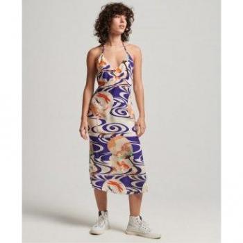 Superdry Women's Halter Midi Slip Dress - Blue Printed Viscose
