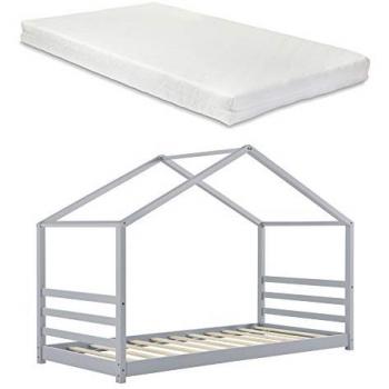 Cama para niños Vardø con colchón hipoalergénico de espuma fría y somier - Forma de casa - Pino 200 x 90 cm - Gris lacado mate