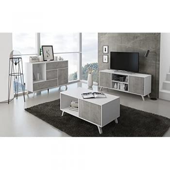 Conjunto de Muebles de Salón Wind - Buffet, Mueble TV y Mesa de Centro - Melamina Alta Calidad - Estilo Escandinavo - Acabado Bi-Color Blanco/Cemento