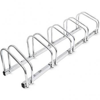 Soporte Bicicletas Suelo y Pared, Aparcabicicletas para 5 Bicis, 26 x 130 x 32 cm, Portabicicletas de Acero Plateado - Relaxdays