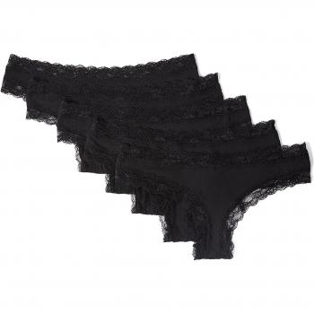 Iris & Lilly Tanga de Tira en Algodón y Encaje Mujer, Pack de 5, Negro, 40