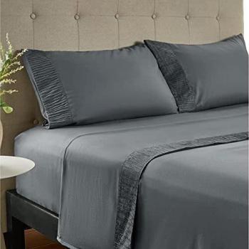 Bedsure Sabanas 160x200 4 Piezas - Juego Sábanas Cama 160 con Bajera 160x200 Ajustable, Encimera y 2 Fundas de Almohada 50x80cm, Gris Oscuro